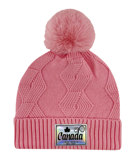 Knit Toque with Pom w/ Metallic Canada Patch