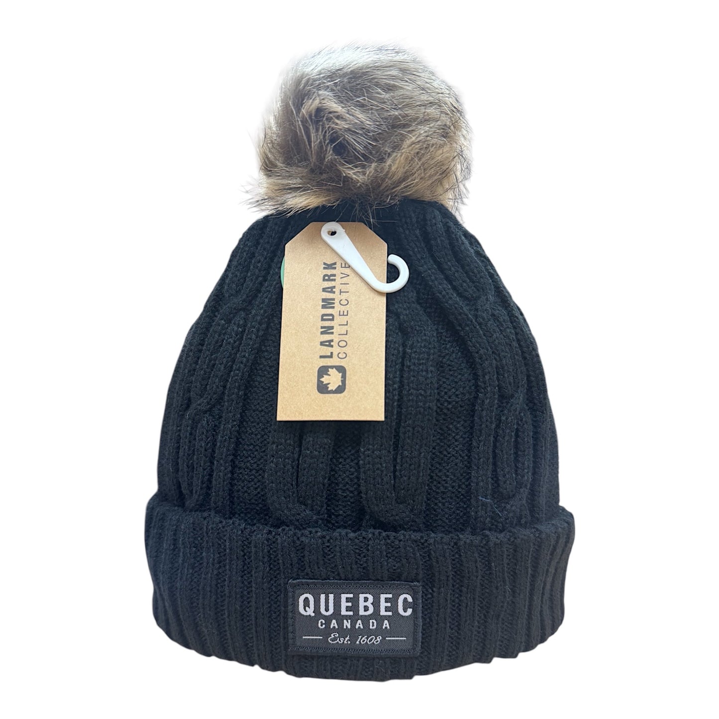 Quebec Heavy Knit Toque with Faux-Fur Pom and Tone-on Tone Patch