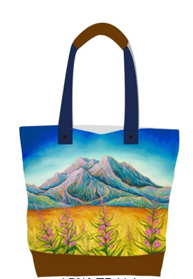 Licensed Canvas Tote w/ Vegan Leather Accents & Zippers - ARW - Sunlit Mountain Blooms