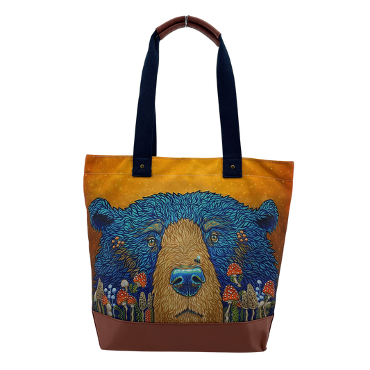 Licensed Canvas Tote w/ Vegan Leather Accents & Zippers - ARW - Fun Guy "Fungi" Bear