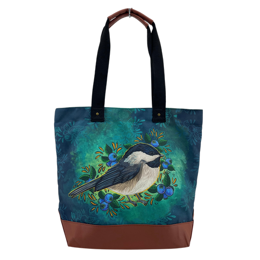 Licensed Canvas Tote w/ Vegan Leather Accents & Zippers - ARW - Chickadee
