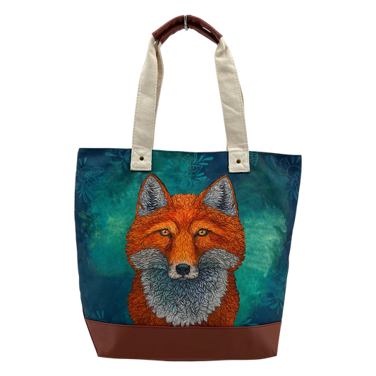 Licensed Canvas Tote w/ Vegan Leather Accents & Zippers - ARW - Tenacious Gaze, Fox