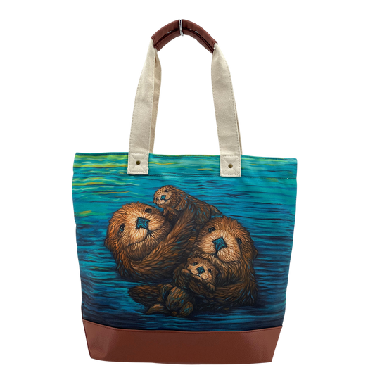 Licensed Canvas Tote w/ Vegan Leather Accents & Zippers - ARW - Otter Family