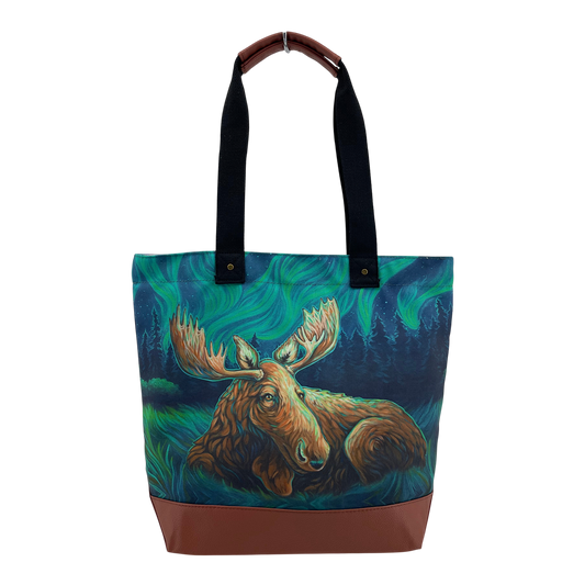 Licensed Canvas Tote w/ Vegan Leather Accents & Zippers - ARW - Restful Night Aurora Moose
