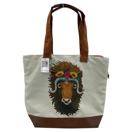 Licensed Canvas Tote w/ Vegan Leather Accents & Zippers - ARW - Musk Ox Hair Don't Care