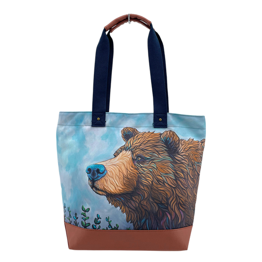 Licensed Canvas Tote w/ Vegan Leather Accents & Zippers - ARW - Bear On Guard
