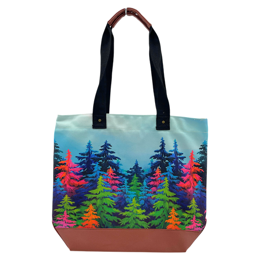 Licensed Canvas Tote w/ Vegan Leather Accents & Zippers - ARW - Mystic trees