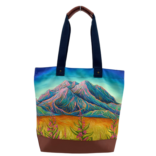 Licensed Canvas Tote w/ Vegan Leather Accents & Zippers - ARW - Sunlit Mountain Blooms