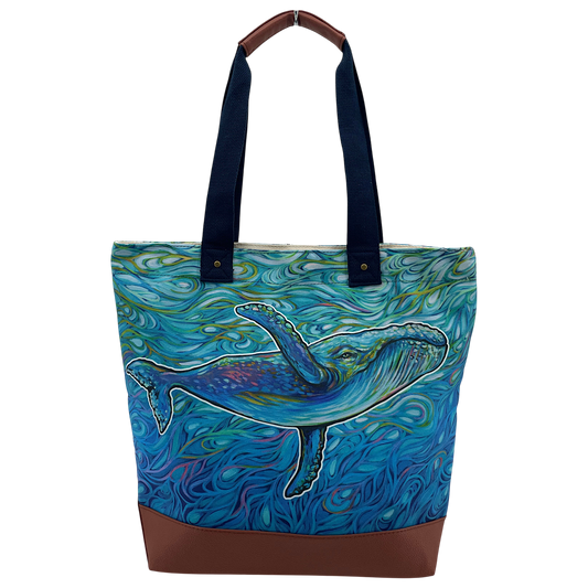 Licensed Canvas Tote w/ Vegan Leather Accents & Zippers - ARW - Through the Motion, Whale